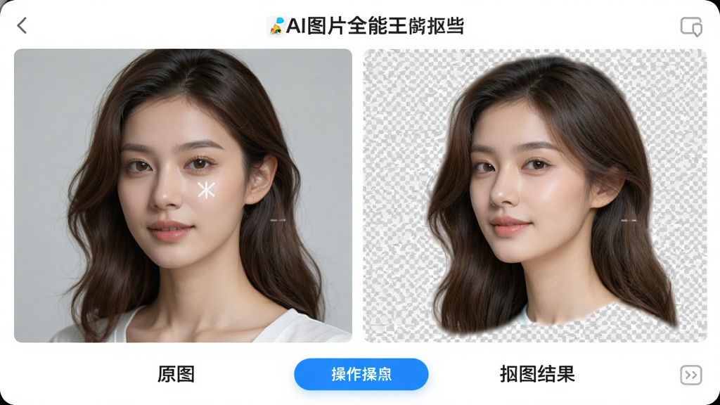 一张展示AI图片全能王智能抠图功能的对比图,左侧是原图,右侧是抠图后的透明背景效果,边缘光滑,发丝清晰,下方有“原图”和“抠图结果”的标签,界面简洁,操作按钮高亮显示,画质细腻,无多余元素