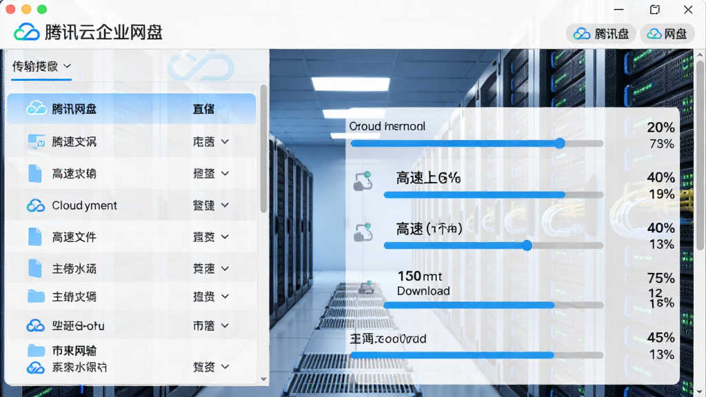 主体为腾讯云企业网盘传输界面,显示大文件高速上传与下载进度条,背景为云服务器机房,布局为左右分栏,左侧文件列表右侧传输队列,风格写实科技感,细节包括速度数字、进度百分比,画质清晰,干净无多余元素