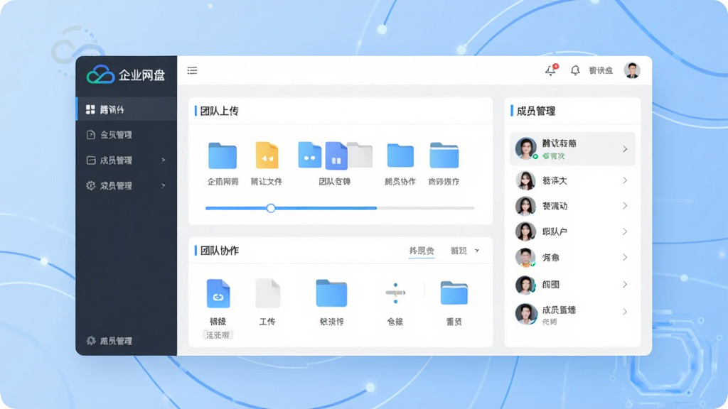 主体为腾讯云企业网盘软件界面,界面展示文件上传、团队协作、成员管理等功能面板,背景为淡蓝色科技感渐变,界面居中,排版简洁清晰,风格现代扁平化,细节包括文件图标、进度条、头像列表,画质高清,干净无多余元素