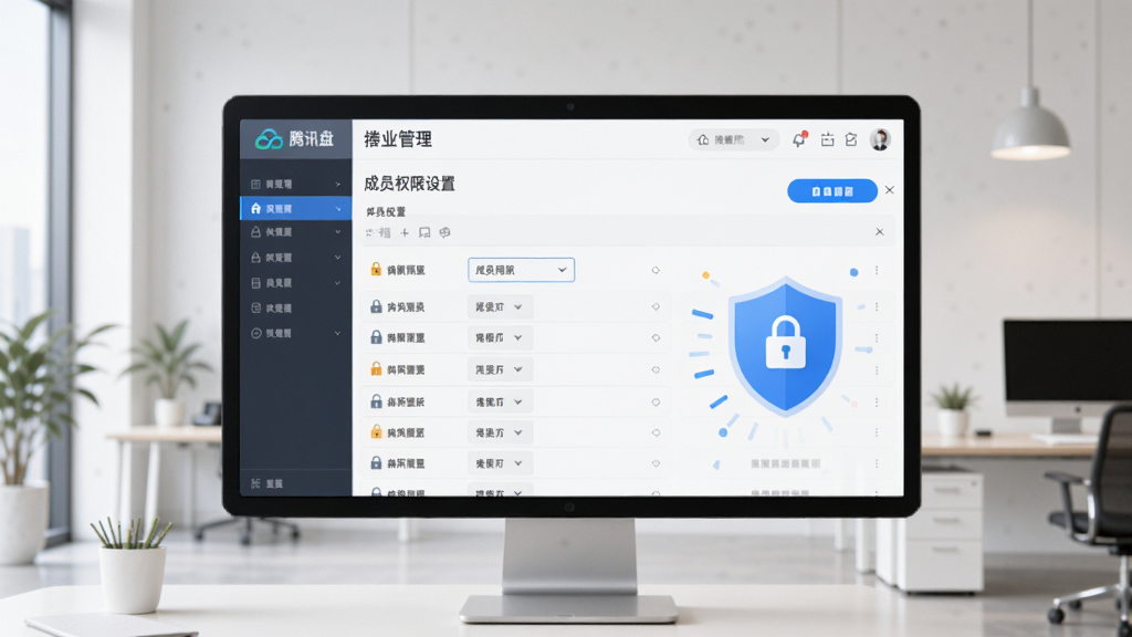 主体为腾讯云企业网盘权限管理界面,显示成员权限设置列表与安全盾牌图标,背景为简约办公场景,布局居中,风格商务扁平化,细节包括权限下拉菜单、加密锁图标,画质高清,干净无多余元素