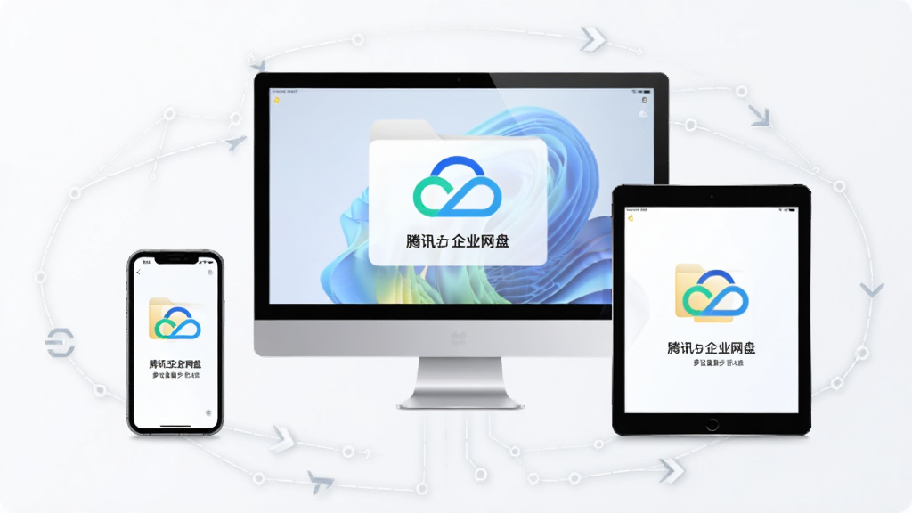 主体为腾讯云企业网盘多设备同步示意图,包含手机、电脑、平板同时显示文件同步状态,背景为浅灰色连接线条,布局为环绕式,风格简洁科技感,细节包括同步箭头、设备图标,画质清晰,干净无多余元素