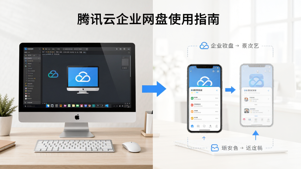 主体为腾讯云企业网盘使用指南教程插图,显示电脑端与手机端操作步骤对比,背景为浅色办公桌面,布局为左右分步示意图,风格简洁教学风,细节包括箭头步骤指示、设备图标,画质清晰,干净无多余元素