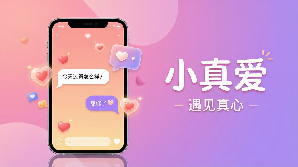 主体:一款名为“小真爱”的社交App的官方宣传主视觉,手机屏幕展示温暖的双人聊天界面,背景是柔和的渐变粉色与紫色,中央漂浮着爱心与对话气泡图标。布局:手机位于画面中心偏左,右侧留白区域用艺术字写出“小真爱”三个字,下方一行小字“遇见真心”。排版:居中构图,文字与图标错落有致,留白充足。风格:扁平化结合轻微拟物,色彩明快温馨,符合情感社交App的调性。细节:对话气泡中显示“今天过得怎么样?”和“想你了”,爱心图标带有微光效果。画质:4K高清,干净无多余元素。