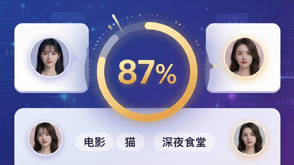 主体:小真爱App的“灵魂匹配”功能界面截图,左右两张用户卡片对比,中间有一个大大的匹配度百分比圆环,显示“87%”。布局:上下结构,上方是匹配度动画,下方是两位用户的头像与共同兴趣标签(如“电影”、“猫”、“深夜食堂”)。排版:卡片式布局,圆环居中,标签横向排列。风格:现代简约,蓝紫色科技感背景,圆角卡片。细节:匹配度数字用渐变金色,头像有光晕,标签为浅色底深色字。画质:高清细腻,无多余元素。