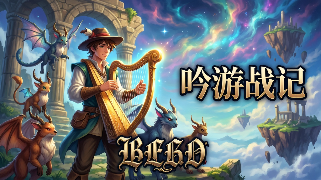 主体:一名吟游诗人站在古老遗迹前,手持发光竖琴,周围环绕着各种奇幻生物伙伴,背景是壮丽的魔法天空与漂浮岛屿。布局:中心构图,诗人位于画面中央偏左,右侧留出空间展示游戏名称“吟游战记”艺术字。排版:画面下方三分之一处放置游戏LOGO,字体为哥特式花体,带有金色描边。风格:日系幻想插画风格,色彩明快,光影层次丰富,细节精致。画质:8K超清,细腻笔触,干净无多余元素,整体氛围神秘而壮丽。