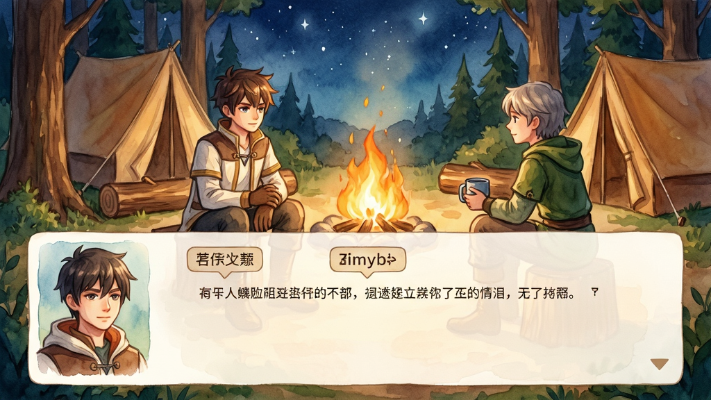 主体:游戏剧情对话场景,主角与NPC在森林营地中交谈,背景是篝火与星空,对话界面显示角色立绘与文字气泡。布局:对话界面占据画面下半部分,上半部分为场景特写,角色立绘位于两侧。排版:对话文字居中显示,字体清晰,带有姓名标签。风格:手绘水彩风格,色调温暖,氛围宁静,细节丰富。画质:高分辨率,柔和光影,干净无多余元素,突出叙事氛围。