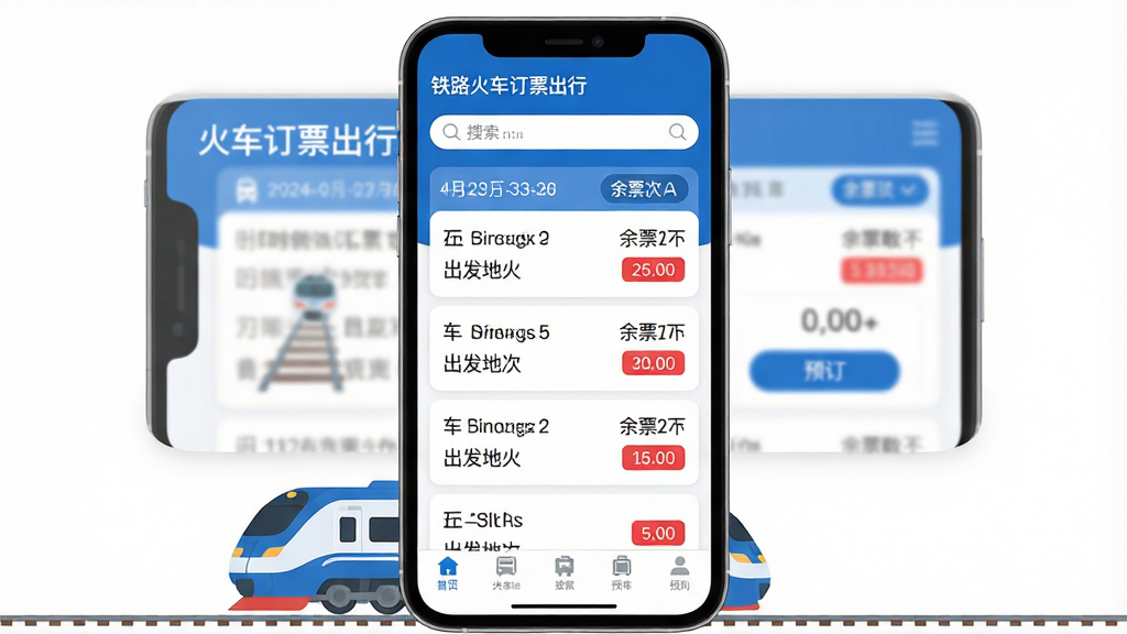 主体:手机屏幕展示“铁路火车订票出行”APP界面,界面清晰显示列车时刻表、余票数量、预订按钮。布局:手机居中,屏幕内容突出,周边留白,下方点缀火车头与铁轨元素。排版:界面采用列表式布局,顶部搜索栏,中部车次信息卡片,底部导航栏。风格:扁平化设计,蓝白主色调,简洁现代。细节:屏幕中“铁路火车订票出行”Logo位于左上角,日期与出发地目的地清晰可见,余票数字用红色高亮。画质:高清渲染,干净无多余元素。