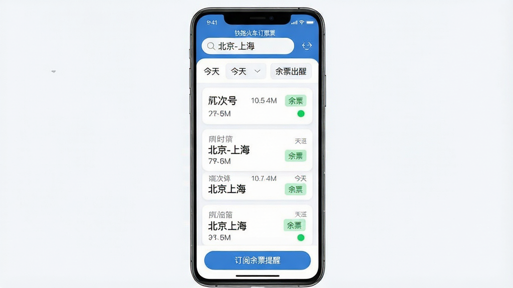 主体:“铁路火车订票出行”APP的列车查询结果页面,展示多趟高铁与普速列车卡片。布局:手机屏幕居中,列表式排列,每张卡片显示车次号、时间、历时、余票标签。排版:卡片上下排列,信息左对齐,余票用绿色圆点标记。风格:清新简洁,蓝白配色,圆角卡片。细节:屏幕顶部搜索框有“北京-上海”字样,日期选择器显示“今天”,底部有“订阅余票提醒”按钮。画质:高清,干净无多余元素。