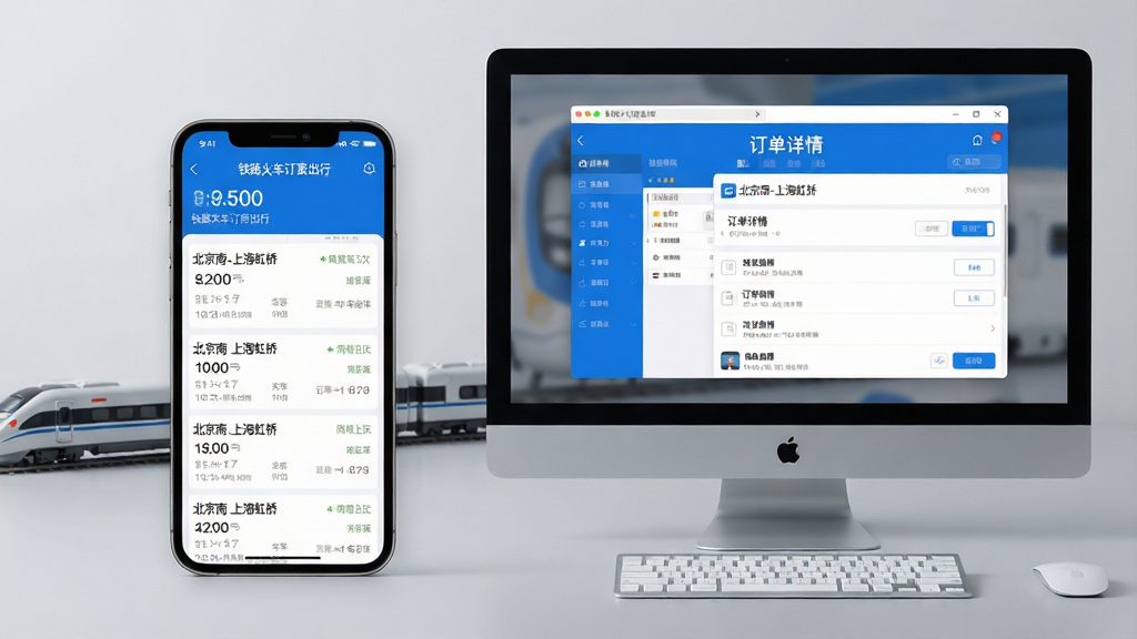 主体:智能手机与电脑并排展示“铁路火车订票出行”APP界面,手机屏幕显示车票列表,电脑屏幕显示同一APP的模拟器窗口。布局:手机在左,电脑在右,背景为浅灰色桌面,桌面有火车模型摆件。排版:手机与电脑屏幕内容清晰可辨,APP界面以蓝白为主色调。风格:写实摄影风格,光线柔和,细节丰富。细节:手机屏幕上显示“北京南-上海虹桥”车次列表,电脑模拟器窗口显示“订单详情”页面。画质:超高清,干净无多余元素。