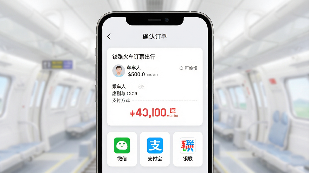 主体:“铁路火车订票出行”APP的订单确认页面,显示车次、乘车人、席别与支付方式。布局:手机屏幕居中,订单信息卡片置顶,下方为支付方式图标横排。排版:信息分层清晰,金额用红色加大字体。风格:商务简约,浅灰背景,白色卡片。细节:屏幕顶部有“确认订单”标题,乘车人信息旁有“可编辑”图标,支付方式图标包括微信支付、支付宝、银联。画质:高清渲染,干净无多余元素。