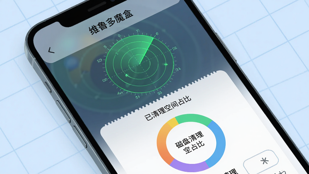 图像主体为手机横屏界面特写,屏幕展示“维鲁多魔盒”的缓存清理结果页,上方有雷达扫描动画,下方以彩色环形图展示已清理空间占比。布局采用手机屏幕占据画面三分之二的俯视角,背景为淡蓝色网格。排版风格扁平化,UI界面采用毛玻璃效果,按钮标注“深度清理”文字。细节突出磁盘空间释放的视觉动效,画质明快干净。
