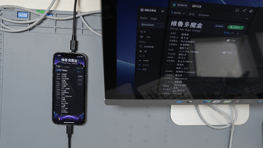 主体为一部手机与一台电脑显示器并排摆放的俯视图,屏幕中同时显示“维鲁多魔盒”的操作日志界面。布局采用双设备平行构图,背景为灰色工作台面。排版风格突出跨设备协同感,细节包含数据线连接与屏幕反光。画质干净整洁。