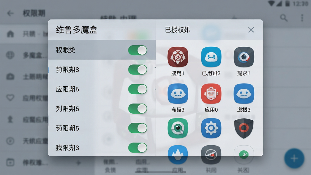 画面主体为“维鲁多魔盒”应用权限管理界面的半透明悬浮窗,背景为模糊后的安卓设置菜单。布局采用左右分栏设计,左侧为权限类型列表,右侧为已授权应用图标矩阵。排版风格简洁清晰,使用红绿双色标注权限开启与关闭状态。细节包含滑动开关的拟真光影效果,整体色调偏冷灰,画质锐利。