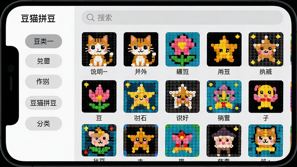 主体:豆猫拼豆软件中的模板库界面,屏幕上展示多个拼豆图案缩略图,包括卡通猫、花朵、星星等。布局:手机横屏展示,左侧为分类列表,右侧为图案网格缩略图,背景为浅灰色。排版:图案以方形网格排列,每个缩略图下方标注名称,界面顶部有搜索栏。风格:清新简约风格,缩略图色彩丰富,边缘清晰,整体布局疏密有致。细节:屏幕中显示“豆猫拼豆”字样,每个图案像素点清晰可见,颜色饱和度高,分类标签为圆角矩形。画质:高清细腻,干净无多余元素。