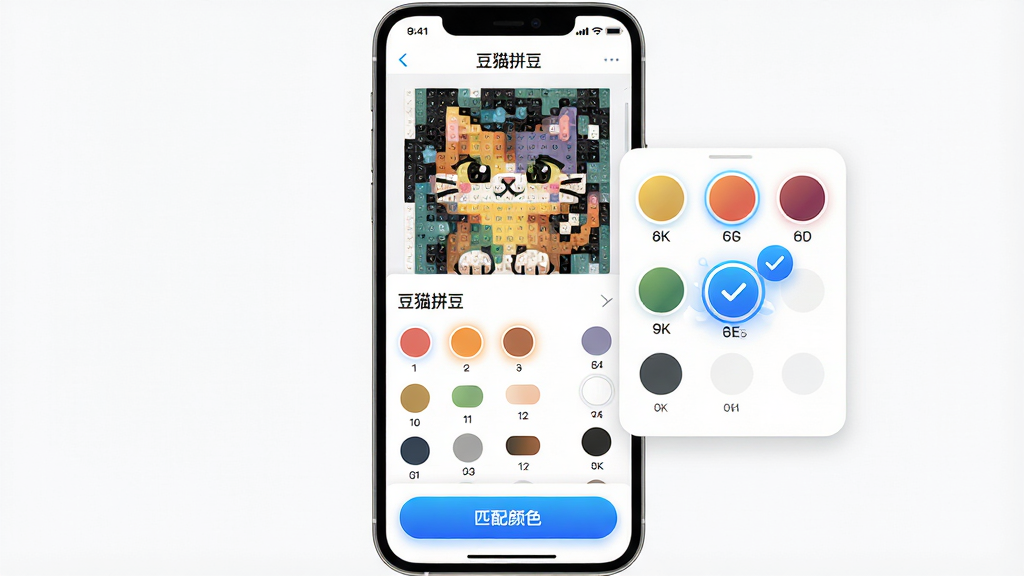 主体:豆猫拼豆软件的颜色匹配功能演示,屏幕中显示一个拼豆图案,旁边弹出颜色匹配面板。布局:手机竖屏显示,图案占据上半部分,下半部分为颜色列表与色号,底部有“匹配颜色”按钮。排版:颜色以圆形色块排列,每个色块下方标注编号,界面简洁直观。风格:科技感与现代感结合,背景为白色,色块高亮显示,匹配颜色以动画方式呈现。细节:屏幕中显示“豆猫拼豆”字样,颜色过渡自然,匹配结果带有对勾标识,操作按钮为蓝色渐变。画质:4K超清,干净无多余元素。