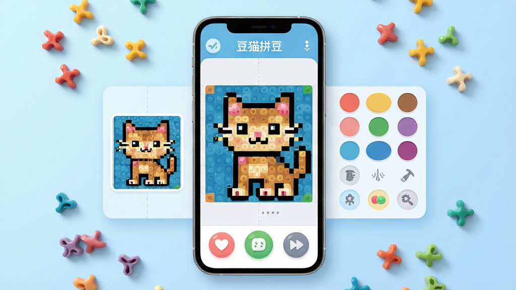 主体:豆猫拼豆软件界面展示,手机屏幕中呈现彩色拼豆图案编辑画面,周围散落着各种颜色的拼豆颗粒。布局:手机居中,屏幕内容清晰可见,左侧为图案预览区,右侧为调色板与工具选项,底部有操作按钮。排版:界面采用网格状设计,色彩鲜艳明亮,拼豆图案以像素风格呈现,整体布局整齐有序。风格:扁平化UI设计,搭配柔和光影效果,背景为淡蓝色渐变,营造轻松创意的氛围。细节:屏幕中显示“豆猫拼豆”字样,拼豆颗粒高光细腻,颜色过渡自然,操作图标圆润可爱。画质:4K超清,干净无多余元素,无文字遮挡。