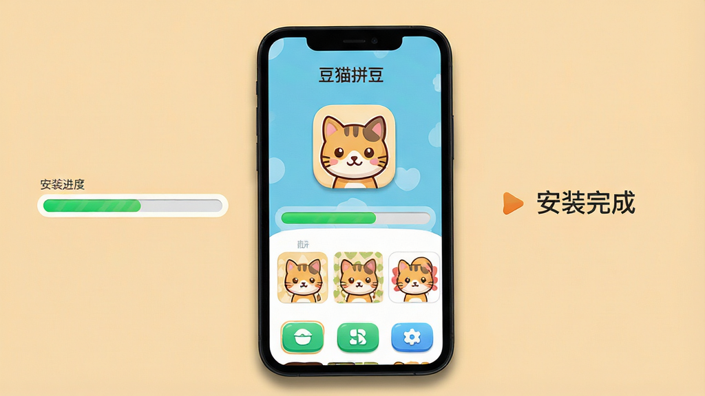 主体:豆猫拼豆软件在手机上的安装与使用过程,手机屏幕显示软件图标和主界面。布局:手机位于画面中央,屏幕中展示软件图标和主界面,周围有安装进度条和“安装完成”提示。排版:手机屏幕内容清晰,图标为卡通猫头形状,背景为纯色。风格:写实风格,光影自然,手机外壳为黑色,屏幕高亮。细节:屏幕中显示“豆猫拼豆”字样,安装进度条为绿色,主界面显示图案模板和功能按钮。画质:高清,干净无多余元素。