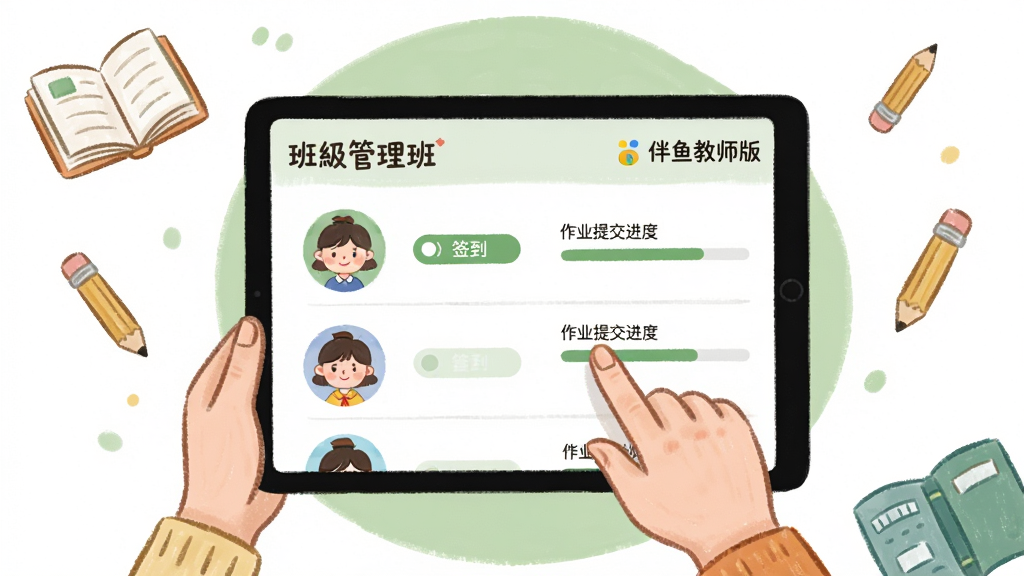 主体:教师使用平板管理班级学生列表。布局:平板横屏显示,屏幕上有学生头像、签到状态、作业提交进度条。排版:平板居中,背景为淡绿色圆形装饰,四周有书本、铅笔等教育元素漂浮。风格:手绘插画风,温馨活泼。细节:屏幕中清晰标注“班管理”和“伴鱼教师版”字样,界面图标完整。画质:细腻柔和,干净无杂物。