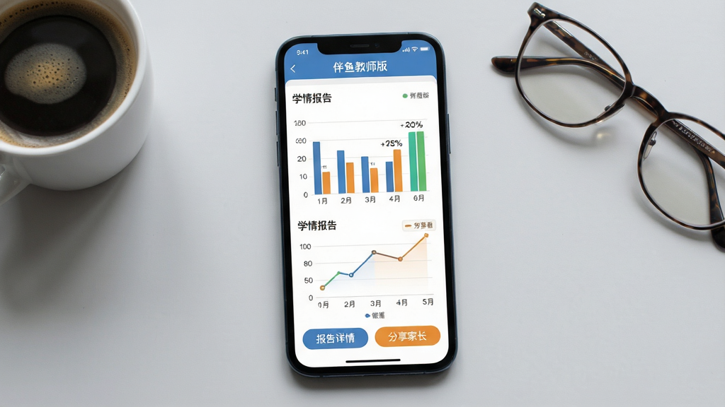 主体:手机屏幕展示学情报告图表。布局:屏幕中央显示柱状图和折线图,下方有“报告详情”、“分享家长”按钮。排版:手机竖屏放置,背景为浅灰色桌面,旁边放有一杯咖啡和眼镜。风格:商务简约风,图表配色清晰。细节:图表标注数据百分比,屏幕顶部显示“伴鱼教师版”名称。画质:质感细腻,光影自然,无多余元素。