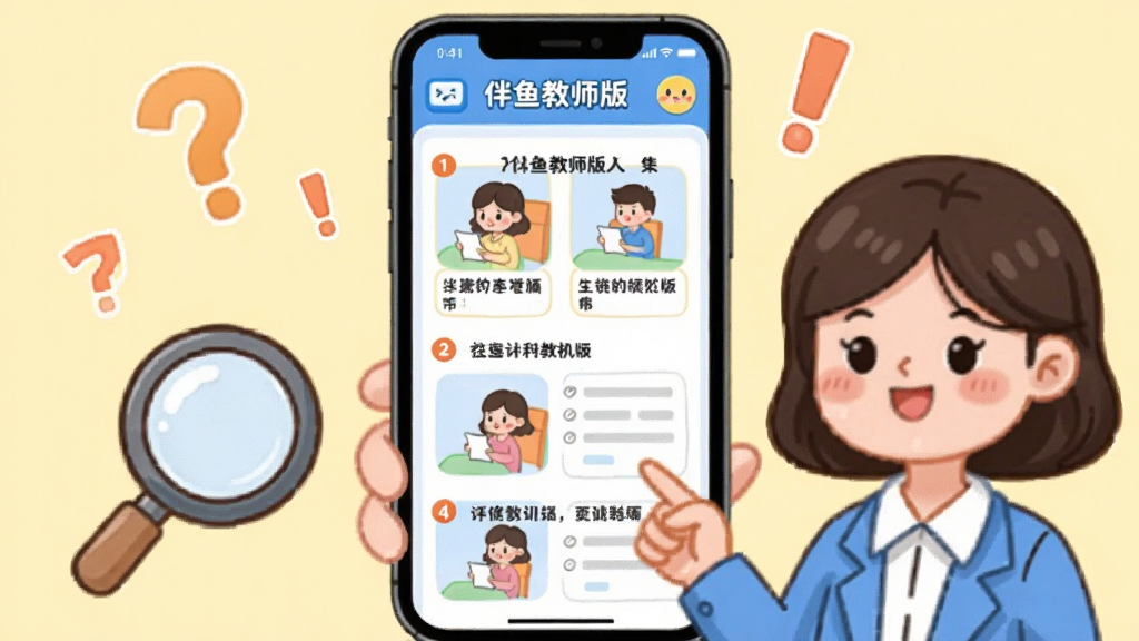 主体:教师在手机上查看使用指南。布局:手机屏幕显示图文步骤,旁边有放大镜图标,背景为浅黄色。排版:手机居中,周围散布问号、感叹号图标。风格:卡通风格,可爱亲和。细节:屏幕上有“伴鱼教师版”字样和步骤序号。画质:清晰明亮,无多余元素。