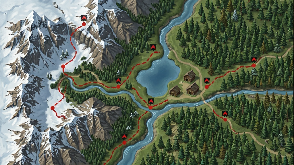 一幅俯瞰视角的雪山森林地图,河流从山谷中穿过,有猎人标记的红色路径点。画面左侧是雪峰,右侧是针叶林,中部有湖泊和木屋。风格为游戏地图概念图,细节包括地形纹理、树木分布、路径标识。画质清晰,干净无多余元素,画面中无文字。