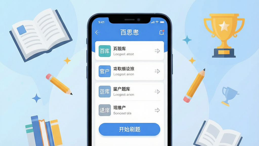 一幅现代扁平化风格的软件宣传主视觉图,主体为一部智能手机屏幕放大展示“百思考”APP界面,界面中显示清晰的题库列表和开始刷题按钮,背景为淡蓝色渐变,搭配书本、铅笔、奖杯等学习元素,布局居中,排版大气,细节丰富,画质高清干净,无多余元素