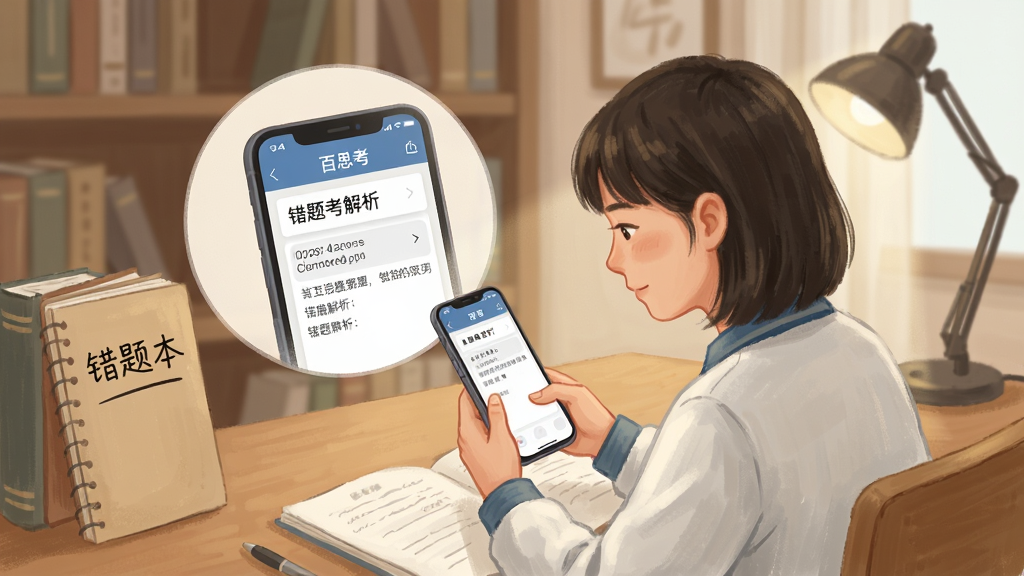 一幅展示“百思考”使用场景的插图,主体为一位学生坐在书桌前使用手机刷题,手机屏幕放大显示错题解析页面,背景是书架和台灯,风格温馨写实,布局自然,细节有“错题本”字样,画质柔和干净,无多余元素