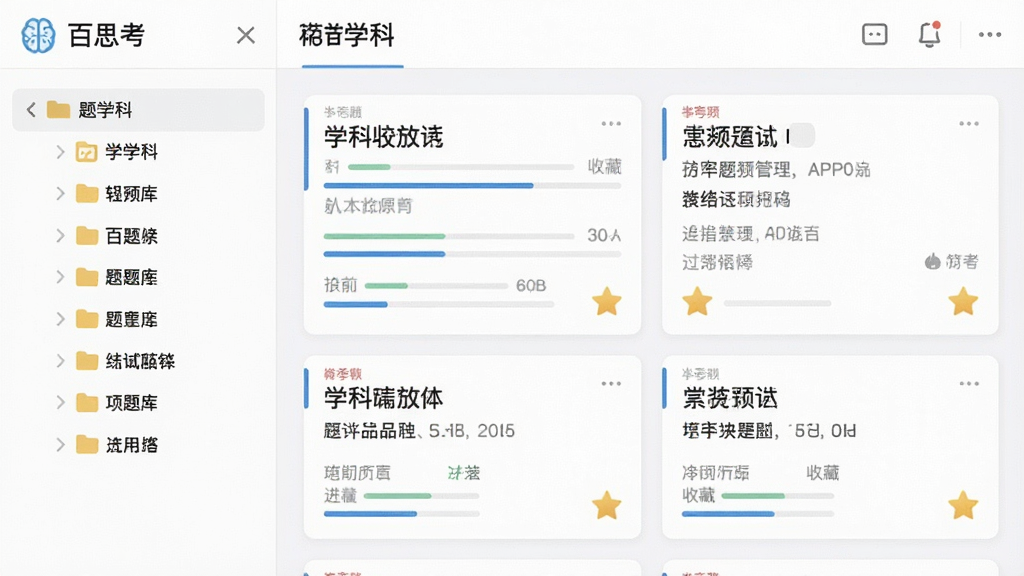 一张展示“百思考”APP题库管理功能的界面截图,主体为分类清晰的题库列表,左侧是学科文件夹,右侧是题目预览卡片,布局整洁,排版有序,风格简洁明亮,细节包括进度条和收藏星标,画质清晰干净,无多余元素