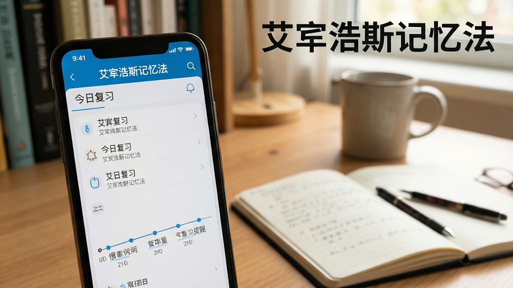 展示艾宾浩斯记忆法软件智能复习规划功能的使用场景,手机屏幕显示今日复习列表与时间轴提醒,背景为书桌与笔记本,画面温馨自然,风格写实,画质清晰,包含软件名称“艾宾浩斯记忆法”文字标识