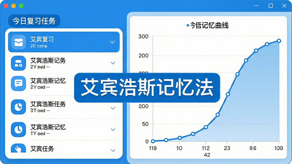 一幅展示艾宾浩斯记忆法软件主界面的高清截图,界面左侧为今日复习任务列表,右侧为记忆曲线图表,整体风格简洁明亮,主色调为蓝色与白色,图标设计圆润,文字清晰,画质干净,无多余元素,图片中央显示软件名称“艾宾浩斯记忆法”