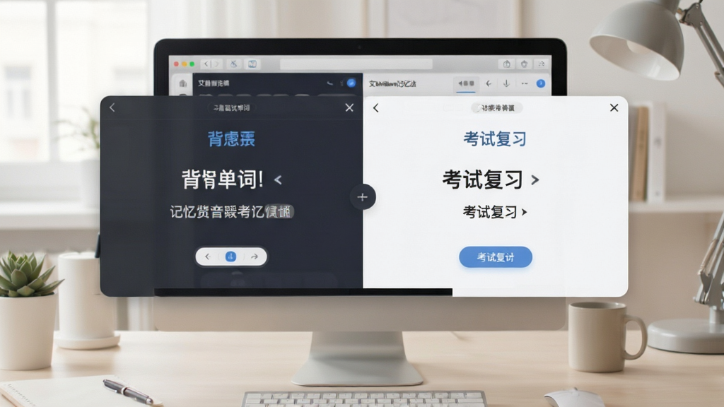 艾宾浩斯记忆法软件多模式学习界面预览图,屏幕展示背单词与考试复习两个功能模块的切换画面,背景为简约办公桌,色调柔和,界面排版清晰,风格现代,画质干净,无多余元素