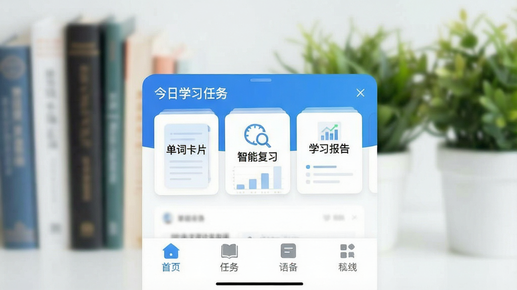 一张展示米考试背单词APP主界面的高清截图,界面设计简洁现代,主色调为蓝色与白色,下方有四个功能标签栏,中间区域显示今日学习任务卡片,卡片上带有“单词卡片”“智能复习”“学习报告”等字样,背景为模糊的书籍与绿色植物,整体风格明亮清新,画质干净无多余元素