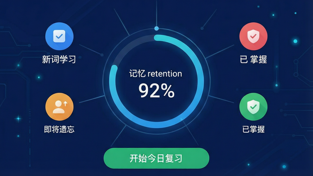 一幅米考试背单词APP的智能复习计划界面预览图,界面采用深蓝色背景,中央是一个圆形的进度环,环上标注着“记忆 retention 92%”,周围分布着几个彩色小图标,分别代表“新词学习”“即将遗忘”“已掌握”等状态,底部有“开始今日复习”的绿色按钮,整体风格科技感十足,画面干净整洁