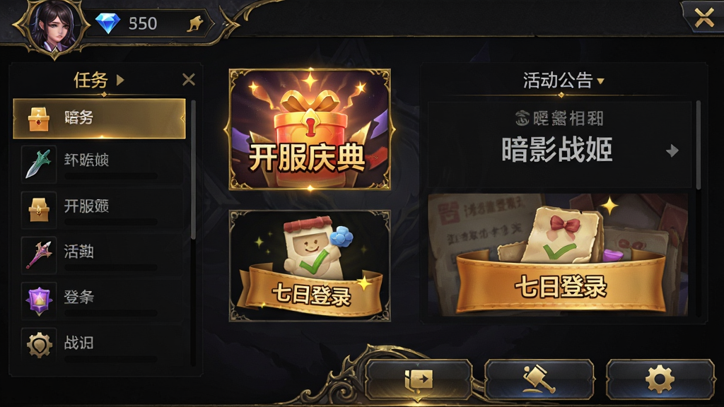 主体:《暗影战姬》游戏主界面,左侧是任务栏,右侧是活动公告,底部是功能按钮。布局:标准的竖版手游UI界面,顶部显示玩家头像、钻石数量。排版:界面布局清晰,功能按钮排列有序。风格:暗黑色调的游戏UI,金色镶边。细节:突出显示“开服庆典”活动图标和“七日登录”奖励。画质:高清UI界面,无多余元素。