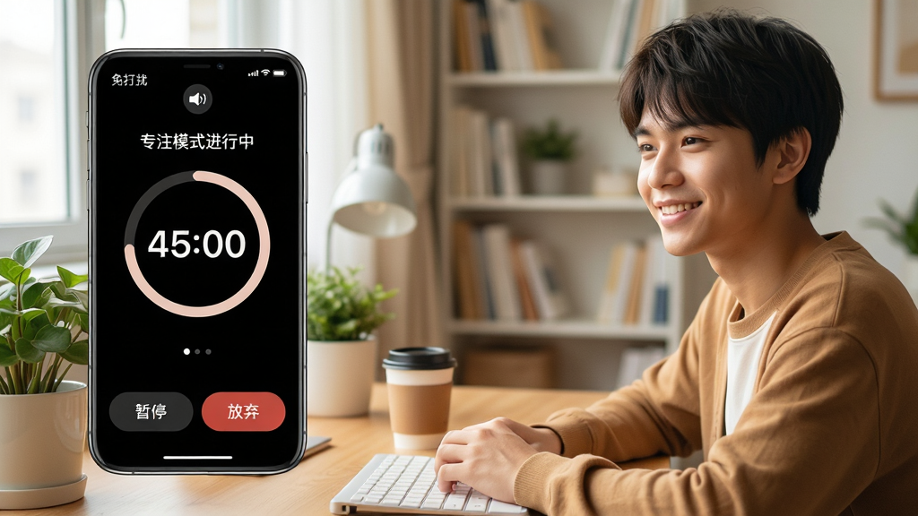 主体:一个年轻人坐在书桌前,手机放在一旁,屏幕显示“专注模式进行中”和倒计时圆环,桌上有绿植和咖啡杯。布局:人物在画面右侧,手机在左侧,背景是明亮的书房。排版:手机屏幕放大显示,倒计时数字醒目,下方有“暂停”和“放弃”按钮。风格:写实摄影风格,暖色调,温馨舒适。细节:倒计时圆环显示45:00,手机顶部有“免打扰”图标,人物面带微笑。画质:高清,干净,无多余元素。