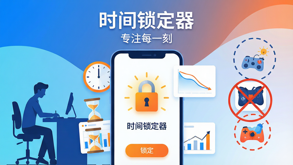 主体:智能手机屏幕中央显示一个带有锁形图标和“时间锁定器”字样的应用界面,周围环绕着时钟、沙漏、统计图表等元素。布局:手机居中,背景为渐变色,左侧有专注工作的人物剪影,右侧有休闲娱乐的图标被虚线圆圈禁止。排版:主标题“时间锁定器”位于手机上方,副标题“专注每一刻”在下方。风格:扁平化插画风格,色彩明快,蓝白主色调,点缀橙色。细节:锁形图标带有光芒,统计图表显示下降的曲线,手机界面有“锁定”按钮。画质:高清,干净,无多余元素。