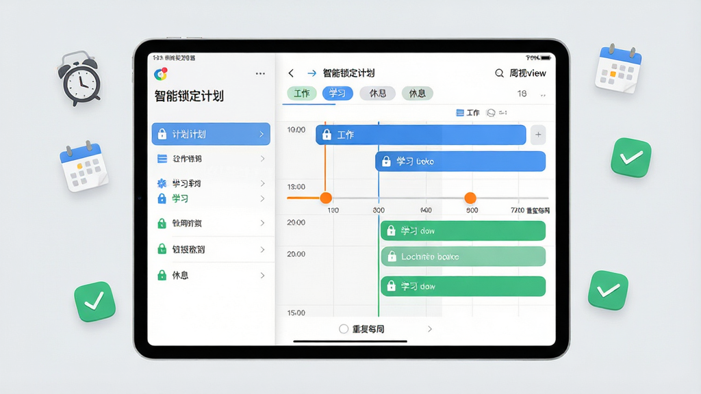 主体:一台平板电脑展示时间锁定器的“智能锁定计划”设置界面,屏幕上显示时间轴和可拖动的锁定区块,旁边有“工作”、“学习”、“休息”等标签。布局:平板电脑在中央,周围漂浮着闹钟、日历、对勾等小图标。排版:界面清晰,左侧是计划列表,右侧是周视图时间表。风格:现代简约,浅灰背景,蓝色和绿色高亮锁定时段。细节:时间轴上有橙色拖动滑块,锁定时段显示锁形图标,并有“重复每周”选项。画质:高清,干净,无多余元素。