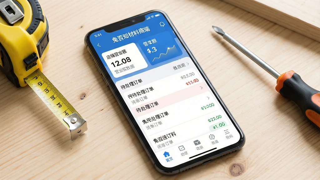 一张智能手机屏幕特写,屏幕中清晰显示“兔百知材料商端”的订单管理主界面,界面布局清晰,上方是店铺营业额数据卡片,中间是待处理订单列表,下方是功能导航栏。手机置于浅色木质桌面,旁边放有卷尺、螺丝刀等装修工具。整体风格明亮写实,商业办公氛围,画质干净无多余元素