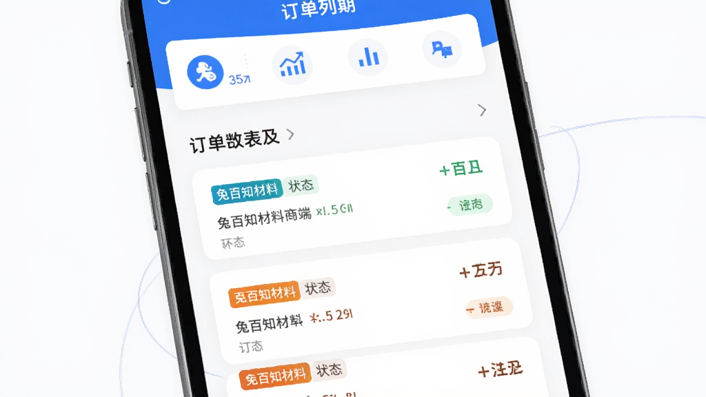 兔百知材料商端APP的订单列表界面,不同状态的订单以不同颜色的标签区分,界面采用卡片式布局,白色背景搭配蓝色主色调,顶部有统计图标,整体风格简洁现代,手机界面展示,UI设计感强,高画质