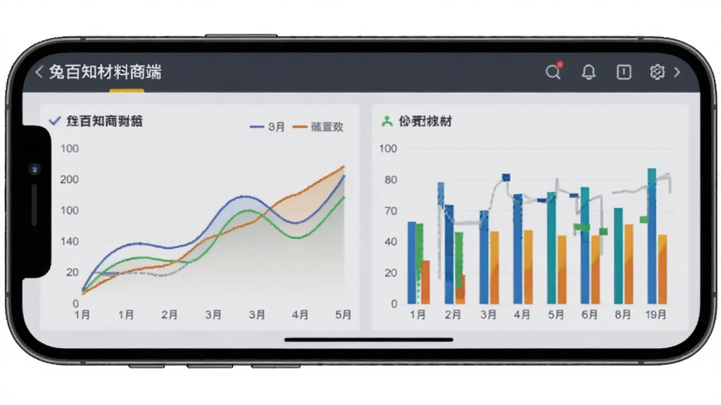 一张手机横屏截图,展示兔百知材料商端的经营数据看板,界面包含折线图和柱状图,背景为浅灰色,数据面板色彩丰富,整体风格商务专业,画面干净整洁