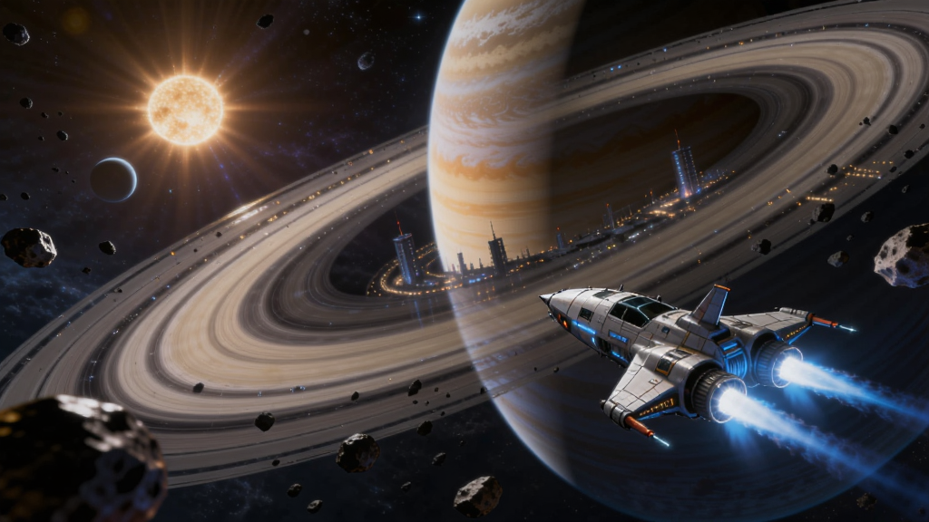 主体:星溯回响星域探索场景,一艘小型飞船飞过巨大行星环。布局:飞船置于画面右下三分之一处,行星环斜向贯穿背景。排版:前景有漂浮的陨石,远景是发光的恒星。风格:科幻写实融合二次元,色彩丰富,光线真实。细节:飞船引擎喷出蓝色尾焰,行星环上可见城市灯光。画质:细腻,干净无多余元素。