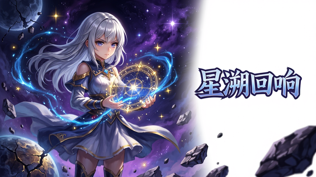 主体:星溯回响游戏主视觉图,一名银发少女手持发光星盘站在星际废墟中央,周围环绕蓝色能量流。布局:少女居中偏左,右侧留白放置游戏LOGO“星溯回响”艺术字。排版:前景是破碎的星球残骸与漂浮的岩石,背景是深邃的紫色星云与远处的星光。风格:日系二次元厚涂,光影对比强烈,色调以蓝紫为主,点缀金色星光。细节:少女衣摆飘动,星盘散发细碎光点,眼神坚定。画质:8K超清,细节丰富,干净无多余元素。