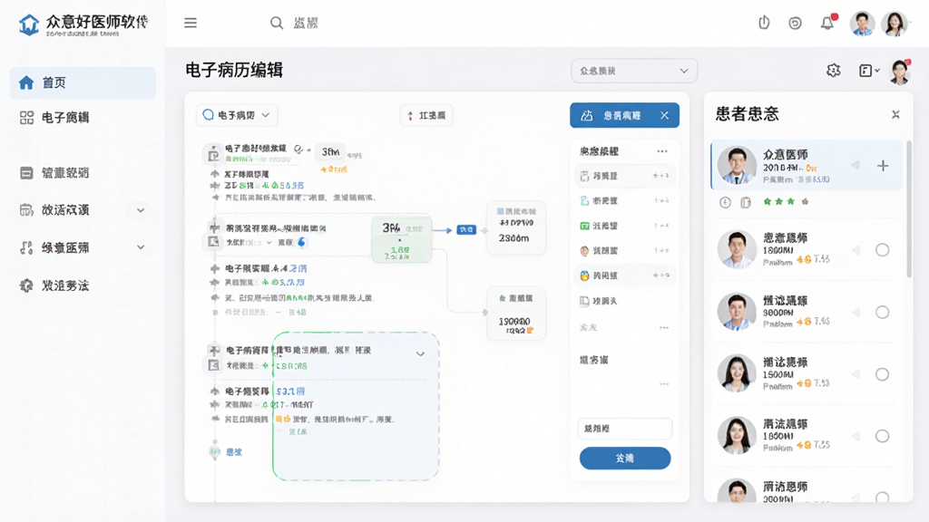 众意好医师软件主界面预览图,展示电子病历编辑页面与患者列表,左侧导航栏清晰,布局简洁明亮,现代扁平化设计风格,细节丰富,画质干净,无多余元素