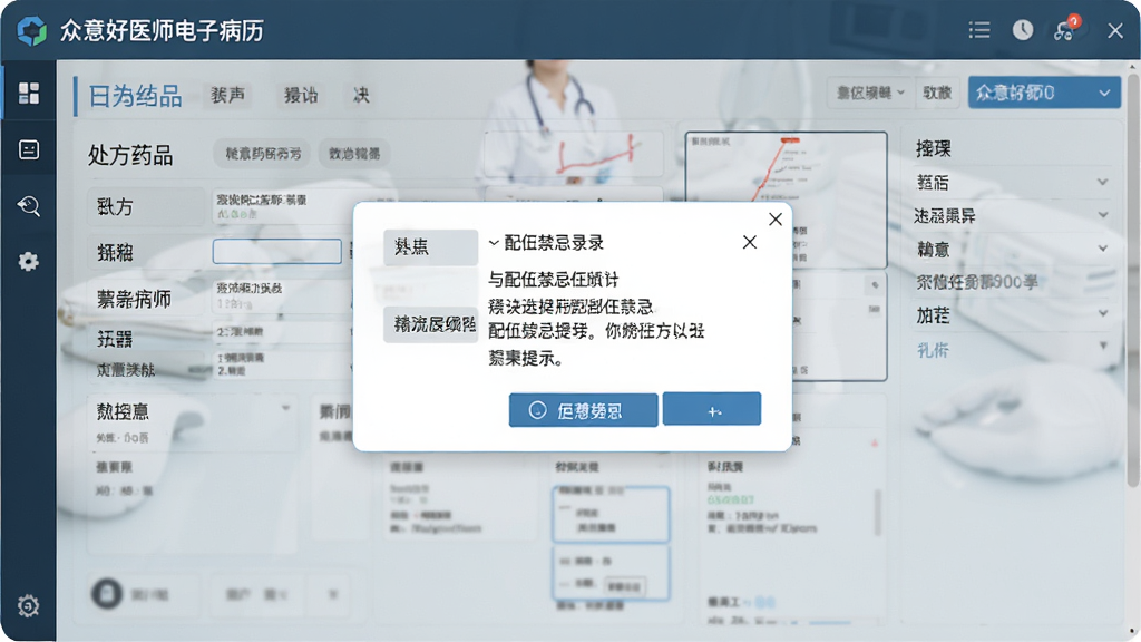 众意好医师电子病历编辑界面,展示处方药品录入与配伍禁忌提示弹窗,界面清晰,信息层级分明,现代医疗软件风格,画质干净,无多余元素