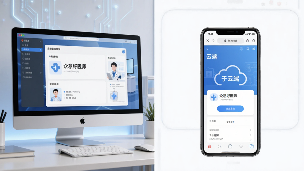 众意好医师在电脑端和手机端使用的对比场景图,左侧为电脑桌面软件界面,右侧为手机浏览器访问云端界面,布局清晰,现代科技风格,画质干净,无多余元素