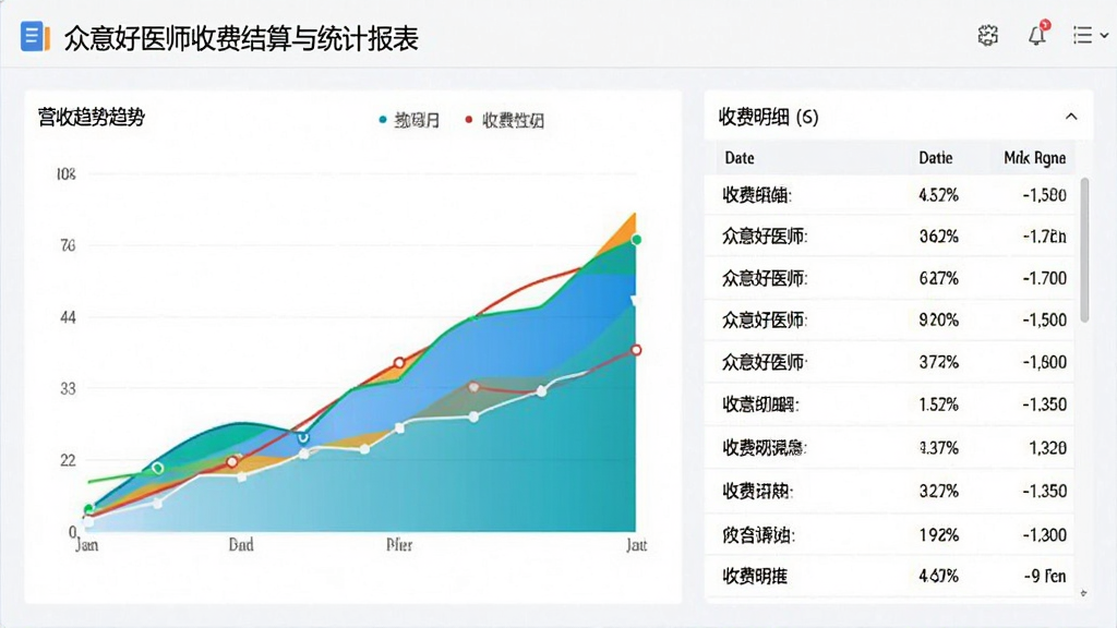 众意好医师收费结算与统计报表界面,展示营收趋势图与收费明细列表,图表色彩鲜明,数据清晰,现代办公软件风格,画质干净,无多余元素