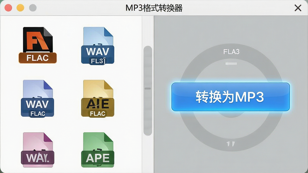 特写“MP3格式转换器”软件转换界面,左侧列出FLAC、WAV、APE等多种格式图标,右侧显示“转换为MP3”按钮,布局左右对称,排版规整,风格清爽,细节突出格式标签与高亮按钮,画质细腻干净,无多余元素