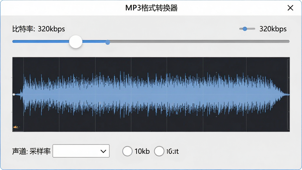 展示“MP3格式转换器”设置面板,其中比特率滑块调至320kbps,波形图显示平滑,布局居中,排版简洁,风格专业,细节包括采样率下拉菜单与声道选项,画质清晰干净,无多余元素