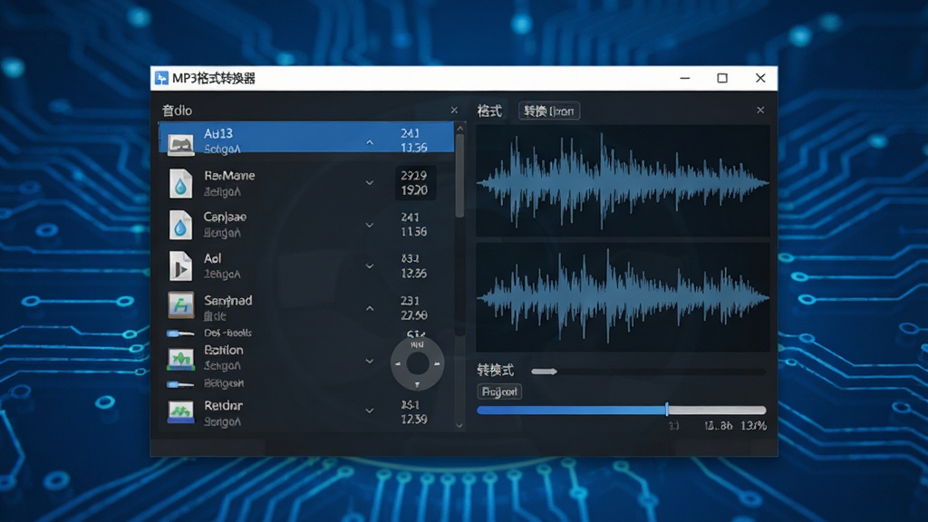 主体为“MP3格式转换器”软件主界面悬浮在蓝色科技背景之上,界面中显示音频文件列表和转换进度条,布局居中,排版清晰,风格现代简约,细节包括波形图与格式标签,画质高清干净,无多余元素