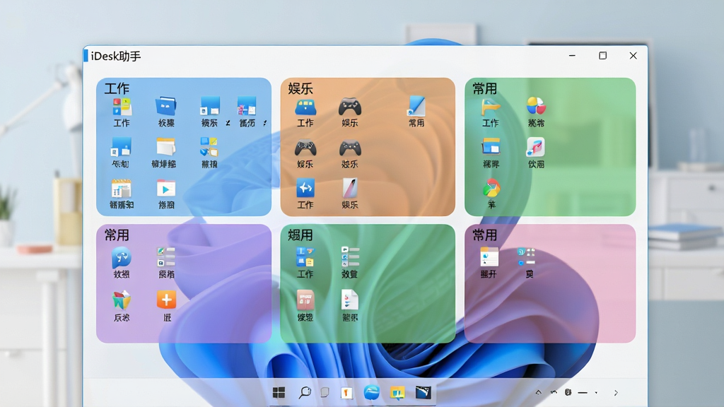 一张展示iDesk助手主界面的高清渲染图,画面中央是整洁有序的Windows桌面,桌面上的图标被自动划分到几个不同颜色半透明材质的矩形网格区域中,每个区域左上角有中文标签如“工作”、“娱乐”、“常用”,整体布局清晰,风格现代简约,浅色背景,画质细腻柔和,干净无多余元素,突出软件“桌面整理”的核心功能。
